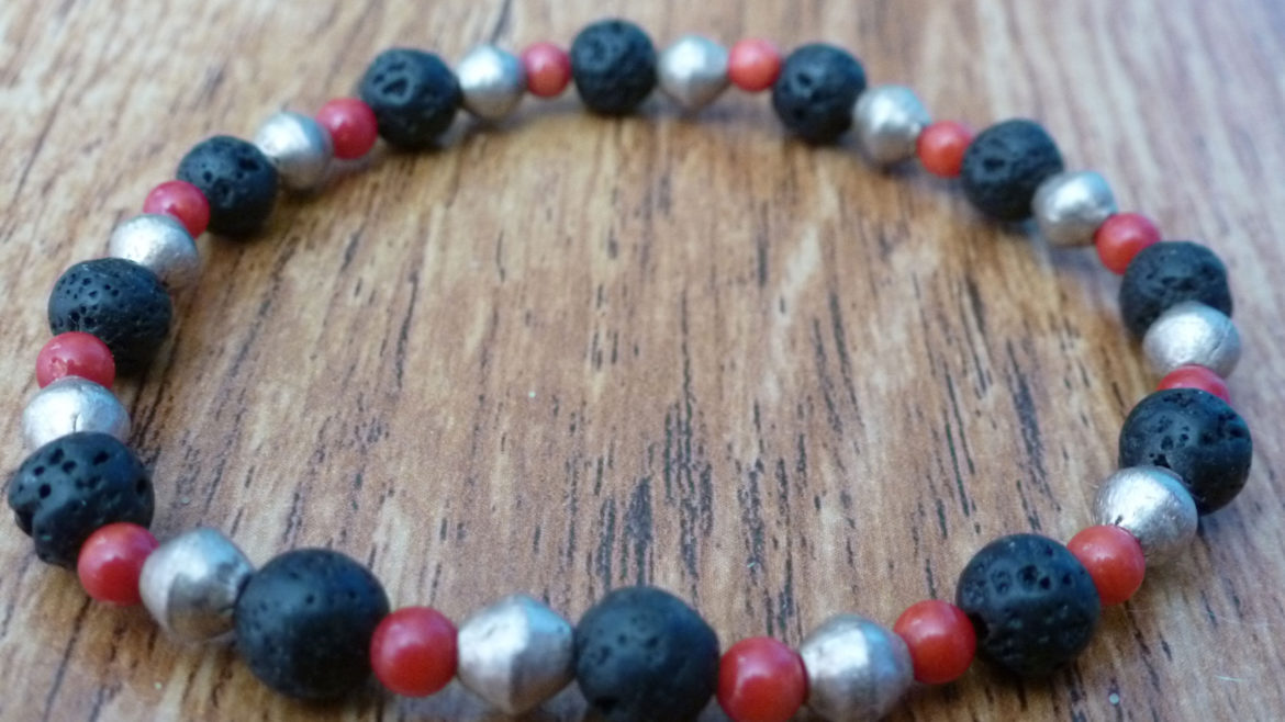 Lava, Red Coral & Tibetan Gold Bracelet