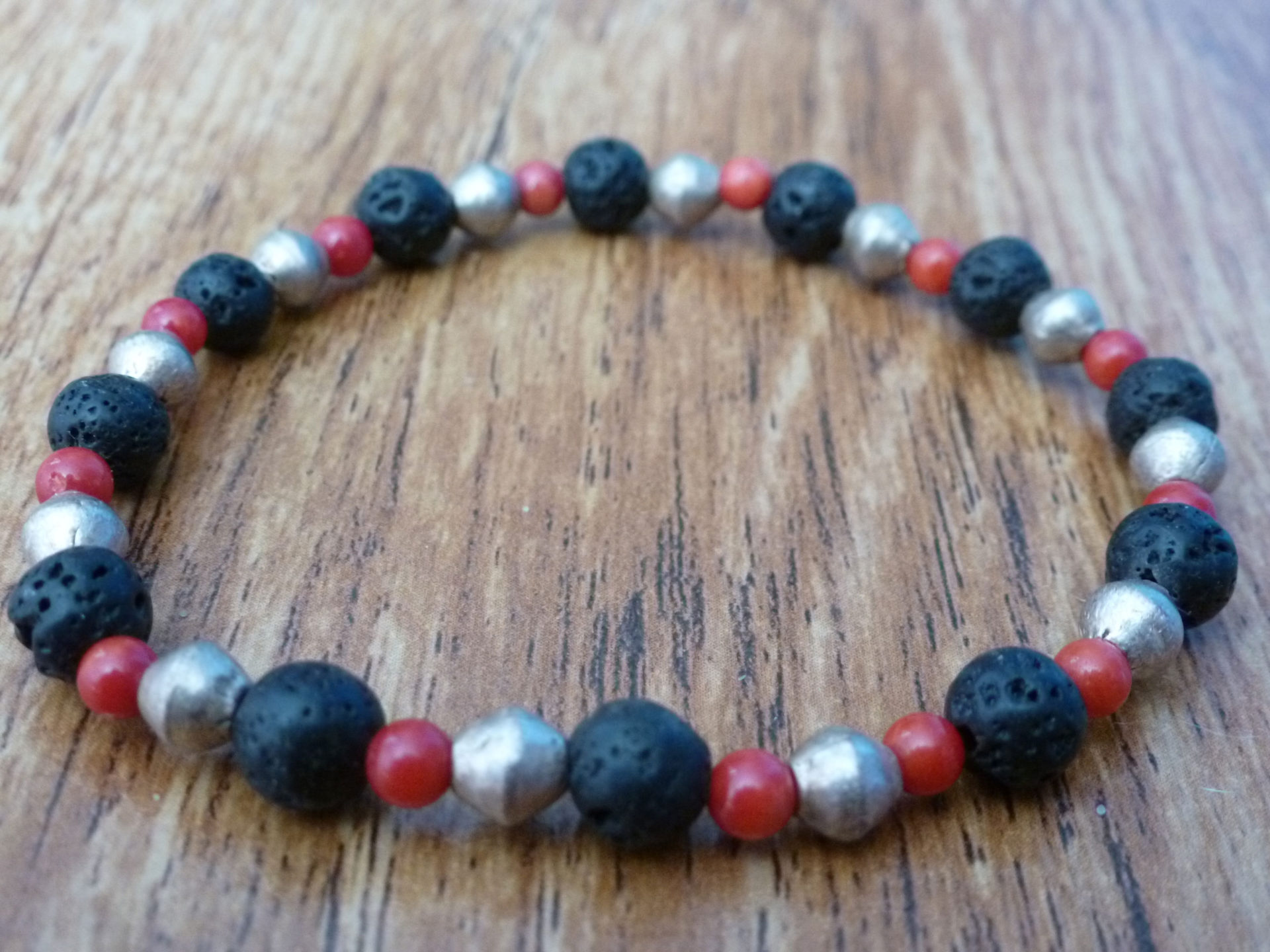 Lava, Red Coral & Tibetan Gold Bracelet